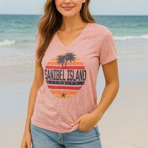 Sanibel Island Florida T-shirt Women's XL Fitted Slub Knit Jersey Pink Red Palm